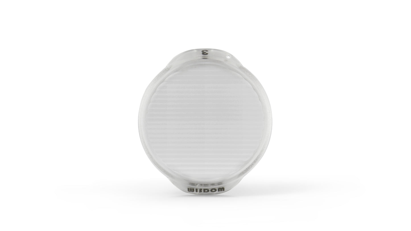Round white cap lamp cover with 'Wisdom' branding