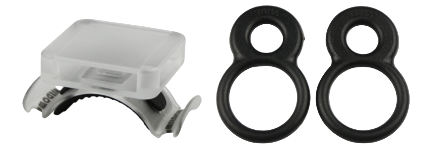 White plastic component with two black rubber rings on a white background