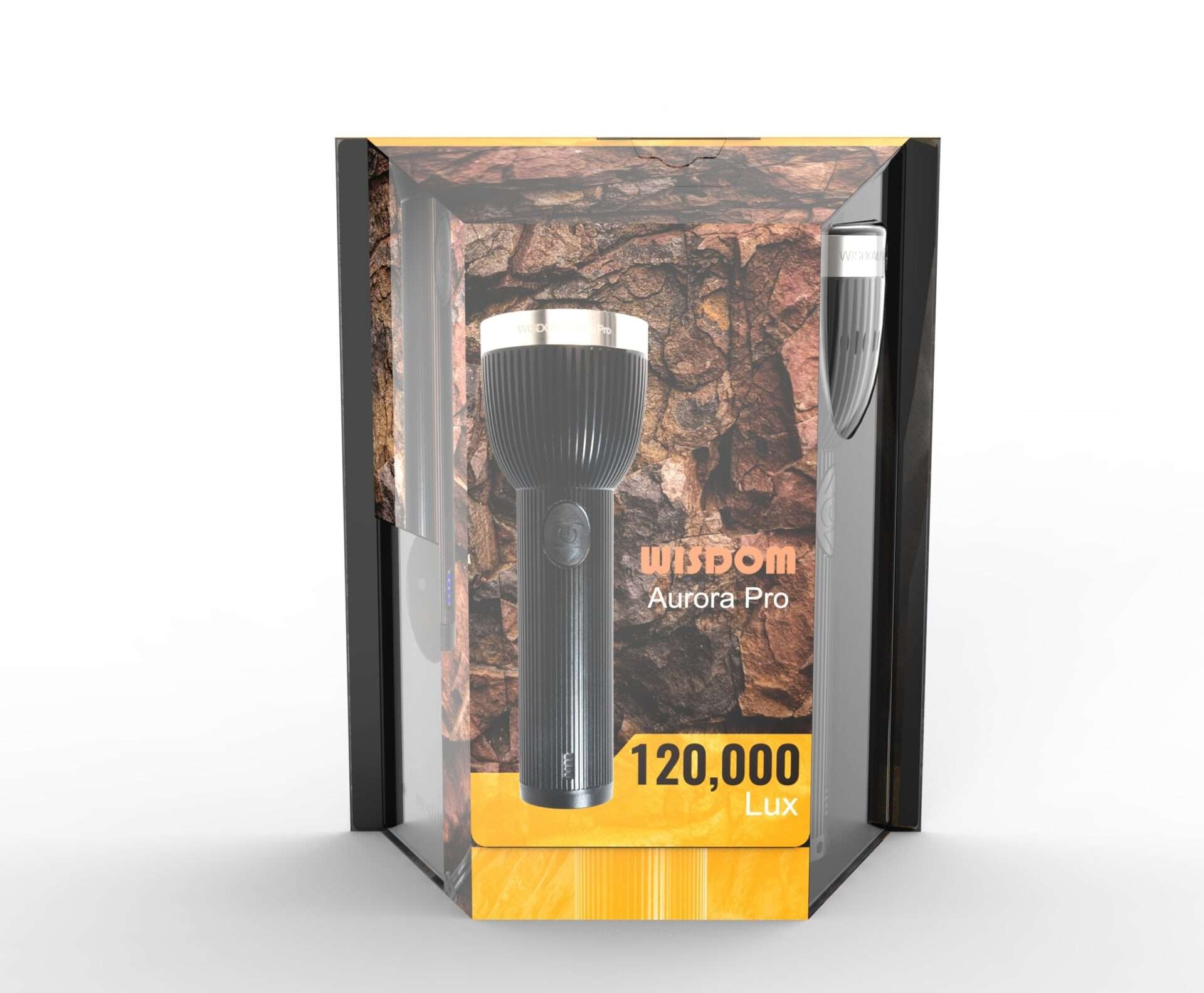 Wisdom Aurora Pro Flashlight box pack with charger and accessories