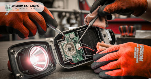 Mining technician troubleshooting Wisdom cap lamp showing common repair procedures and diagnostic tools