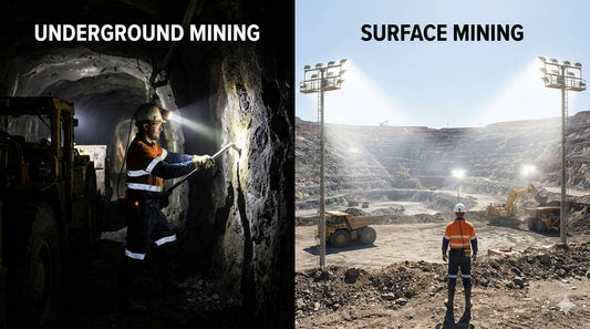 Underground vs surface mining lighting requirements comparison showing cap lamps and flood lights