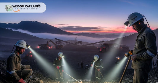 group of miners wearing Wisdom mining cap lamps illuminating remote mining operation