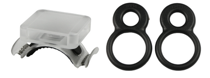 White plastic component with two black rubber rings on a white background